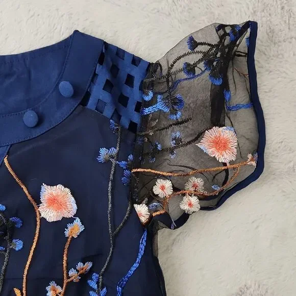 Floral Embroidered Mesh Blouse Women’s Small Blue Sheer Sleeve Top Boho Romantic - Picture 5 of 9